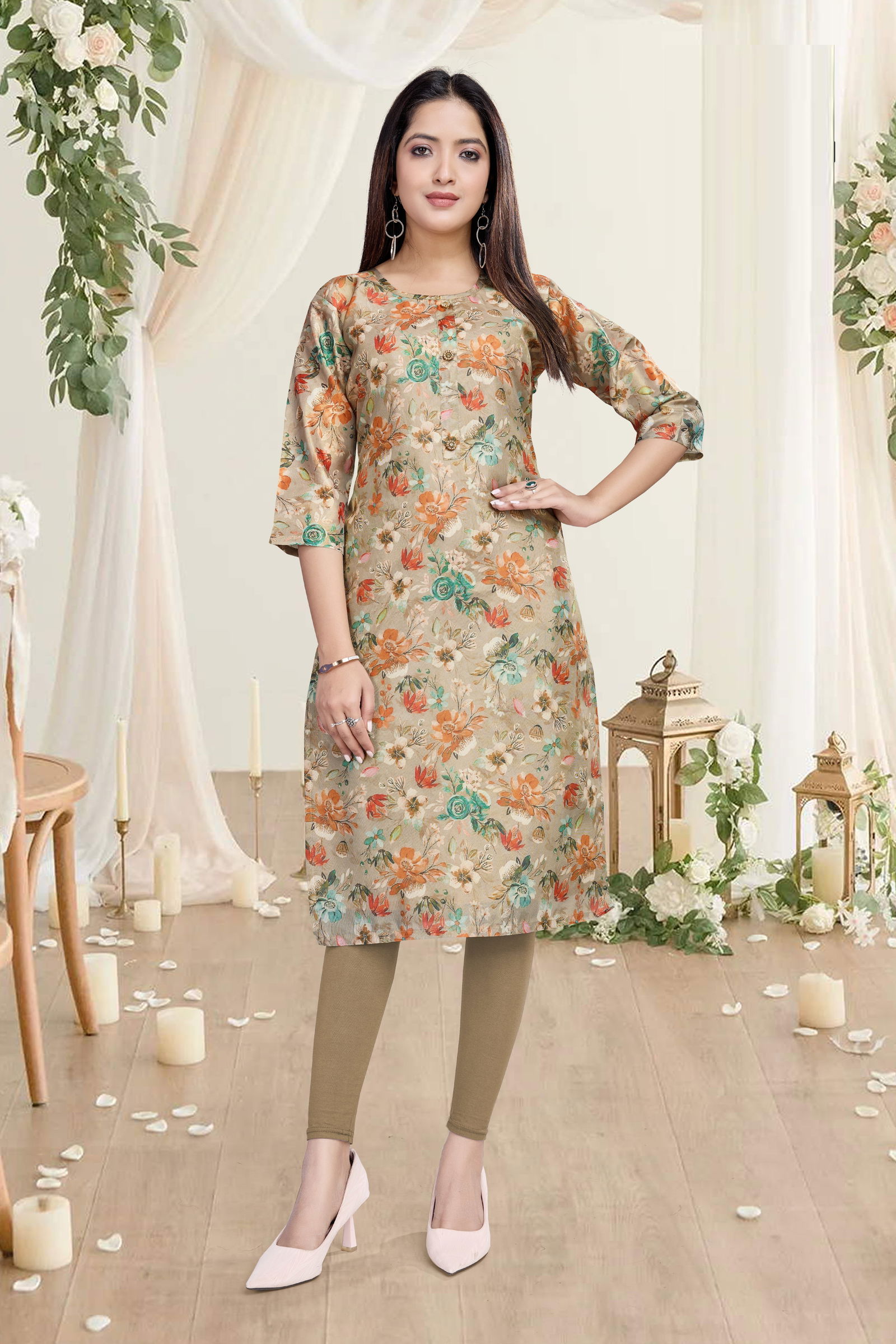 Shelly A line Printed Premuim Tissue Simmer Kurti Suppliers In India