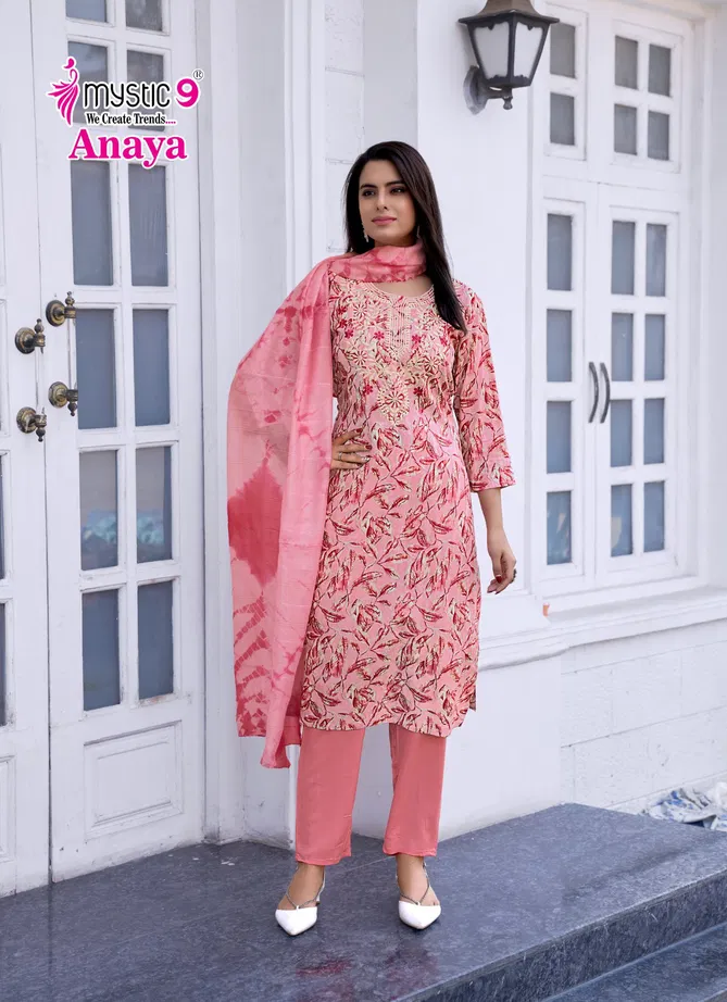 Anaya Vol 1 By Mystic 9 Rayon Embroidery Kurti With Bottom Dupatta Exporters In India