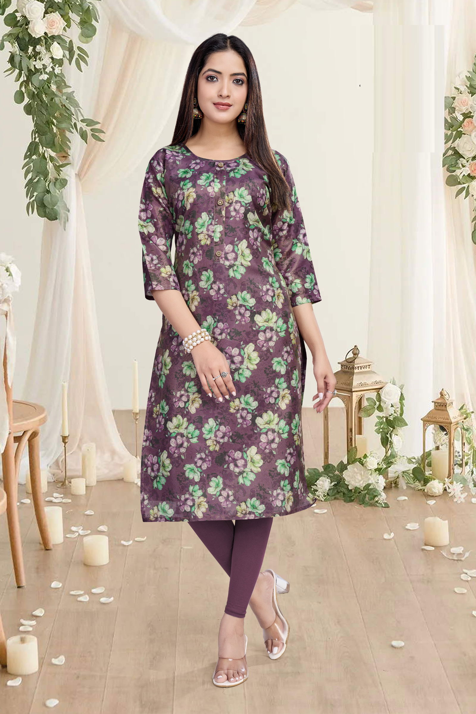 01 Shelly A line Printed Premuim Tissue Simmer Kurti Wholesale Shop In Surat