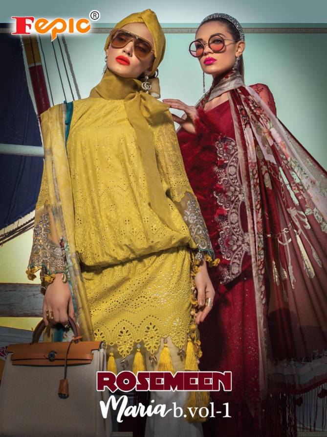 Fepic Rosemeen Maria B 1 Pure Cotton With Embroidery Patch Work Top With Chiffon Printed Dupatta Pakistani Salwar Suits Collection