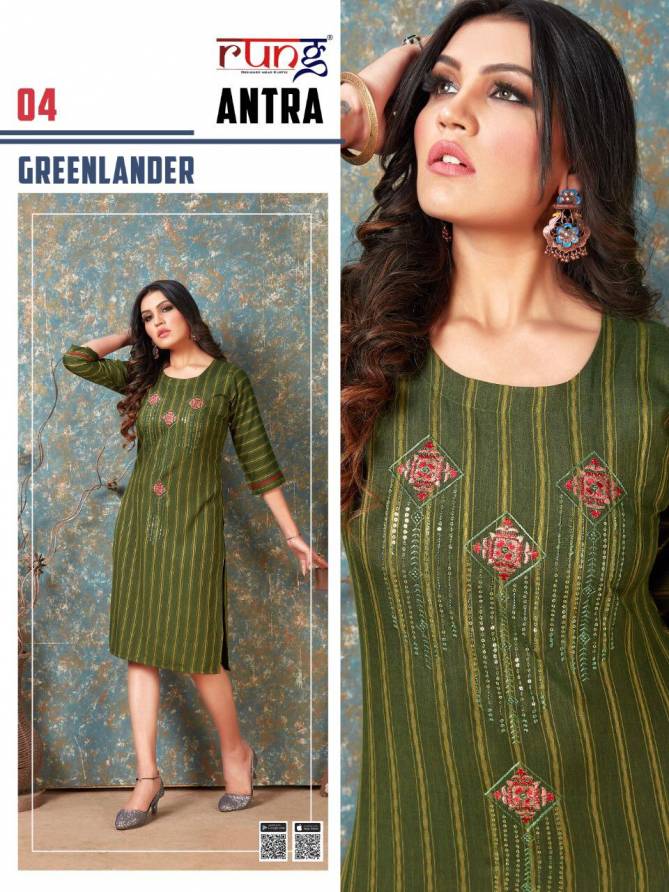 Rung Antra Latest fancy Designer Casual Wear Rayon With Embroidery Work Kurti Collection
