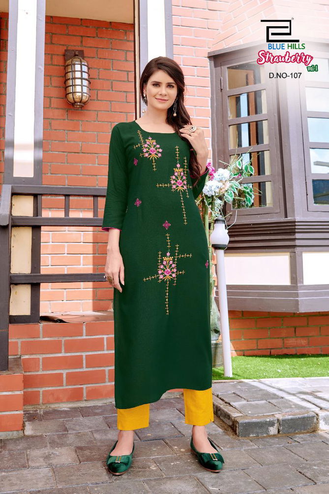 Blue Hills Strawberry Latest Fancy Heavy Festive Party Wear Designers Rayon Kurti Collection