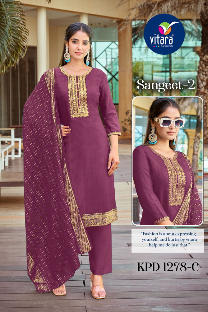 Sangeet Vol 2 By Vitara Silk Embroidery Kurti With Bottom Dupatta Wholesale Online