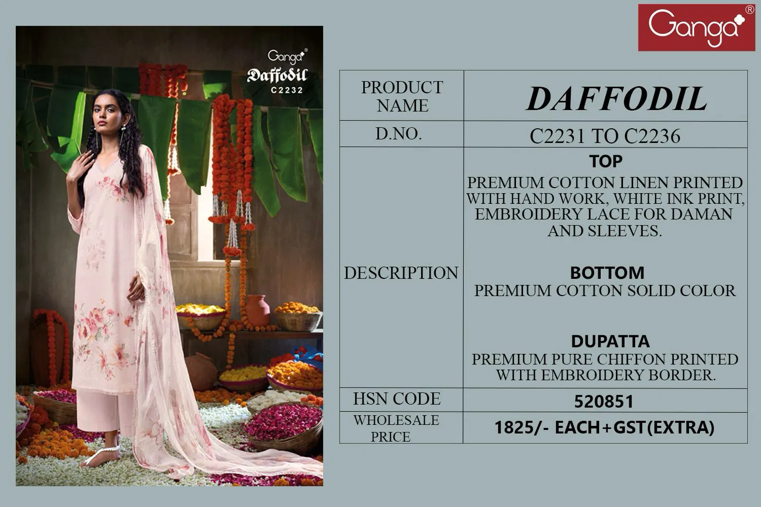 Daffodil by Ganga Cotton Linen Printed Embroidered Salwar Suit Online Wholesale