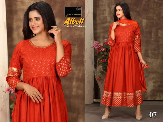 Manjeera Fashion Albeli Ethnic Wear Designer Anarkali Long Kurtis With Dupatta Collection
