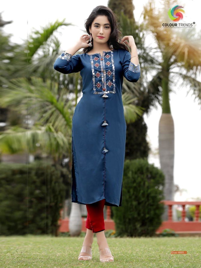 Colour Trendz Para Vol 4 Rayon Embroidery Kurtis With Handwork Collections