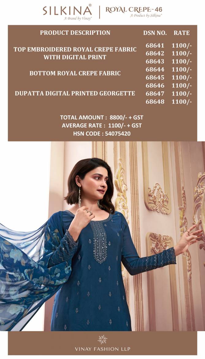 Silkina Royal Crepe 46 By Vinay Embroidery Designer Salwar Kameez Wholesale In Delhi
