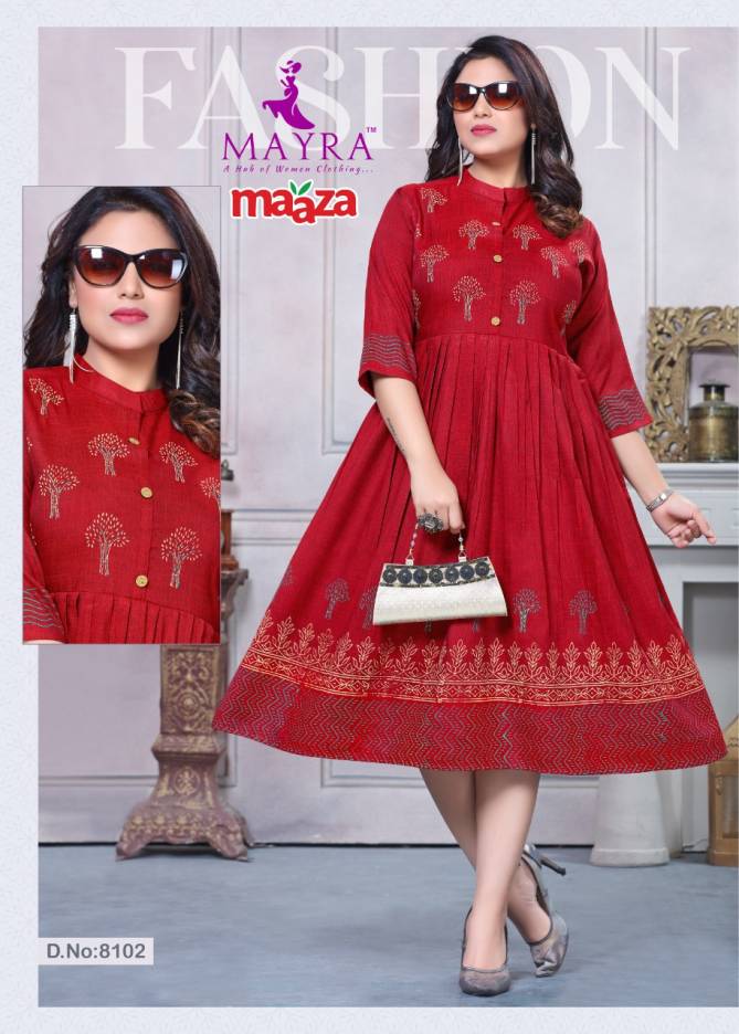 Mayra Maaza Flair Latest Fancy Style Long Casual Wear Anarakali Rayon Designer Kurtis Collection
