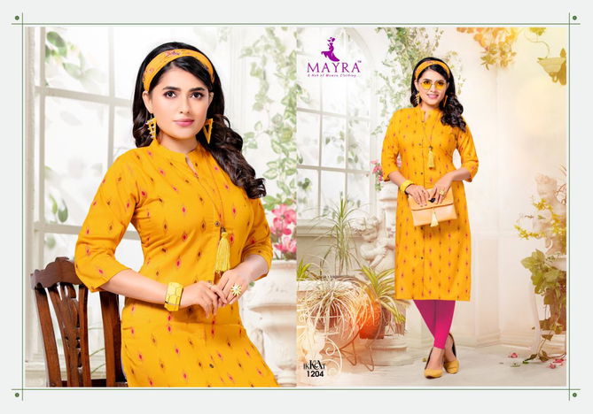 Mayra Ikkat Fancy Designer Regular Wear Rayon Slub Printed Kurtis Collection
