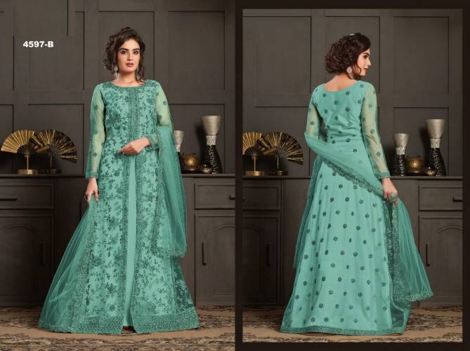Super Hit 4597 Colors wedding Wear Heavy Butterfly Net Embroidery and Cording Work Top And Slives Four Side Work Dupatta Salwar Suits Collection