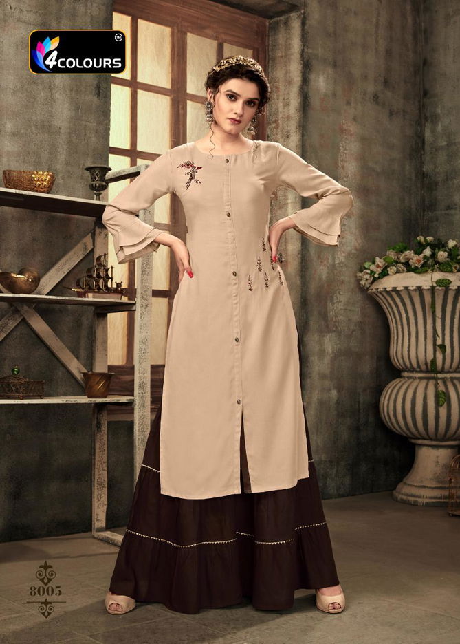 4Colours Zulfat Fancy Casual Wear Rayon Slub With Embroidery Work Kurti With Bottom Collection