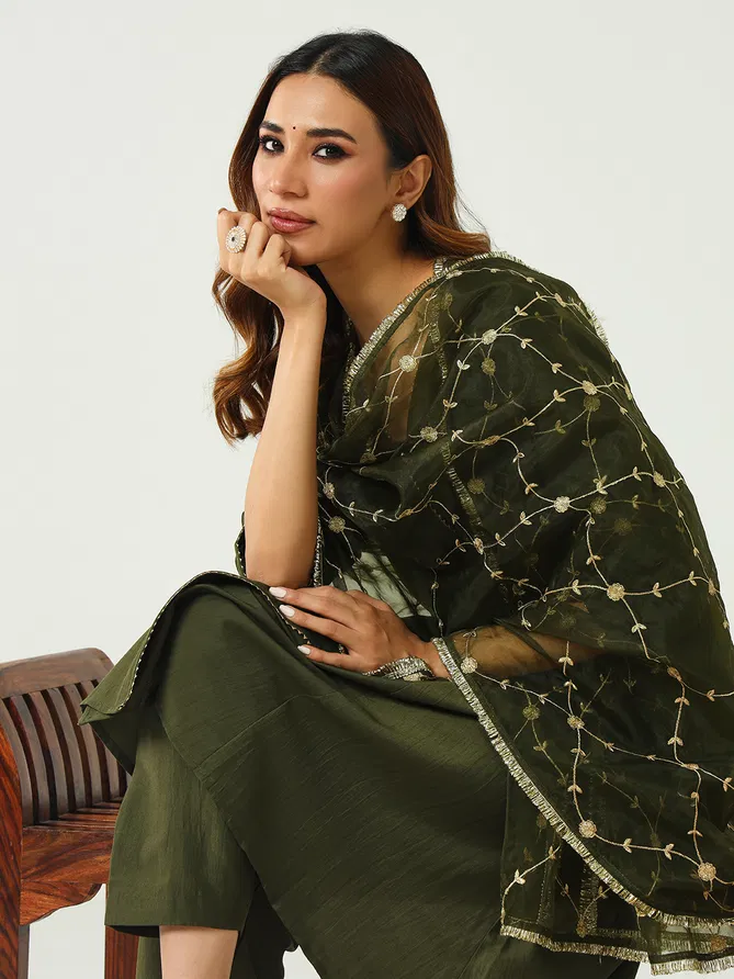 SET0165 Fiorra Green Silk Blend Angrakha Kurti With Bottom Dupatta Wholesale In India