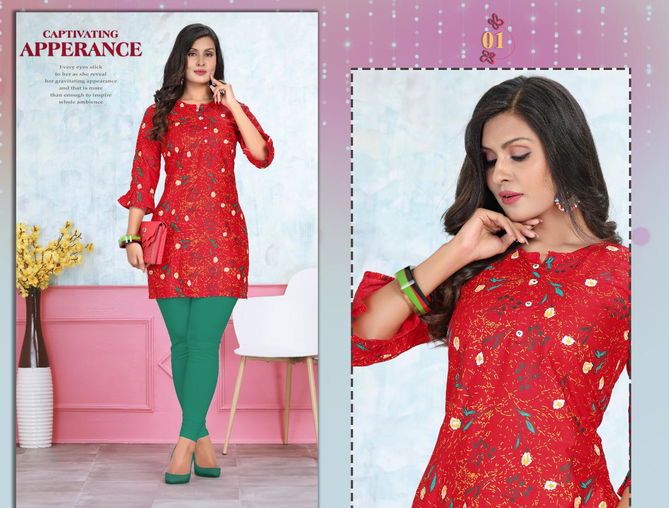 Trendy Aktara Regular Latest Designer Casual Wear Heavy Rayon Crepe Printed Kurtis Collection