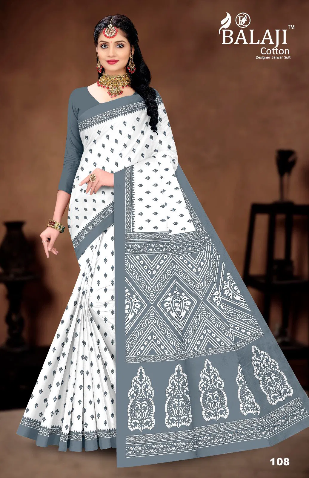 White Butti By Balaji Daily Wear Printed Cotton Sarees Suppliers In India