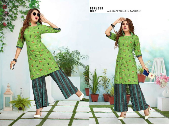 Ft Bonjour Latest Fancy Regular Wear Rayon Printed Kurti With Bottom Collection