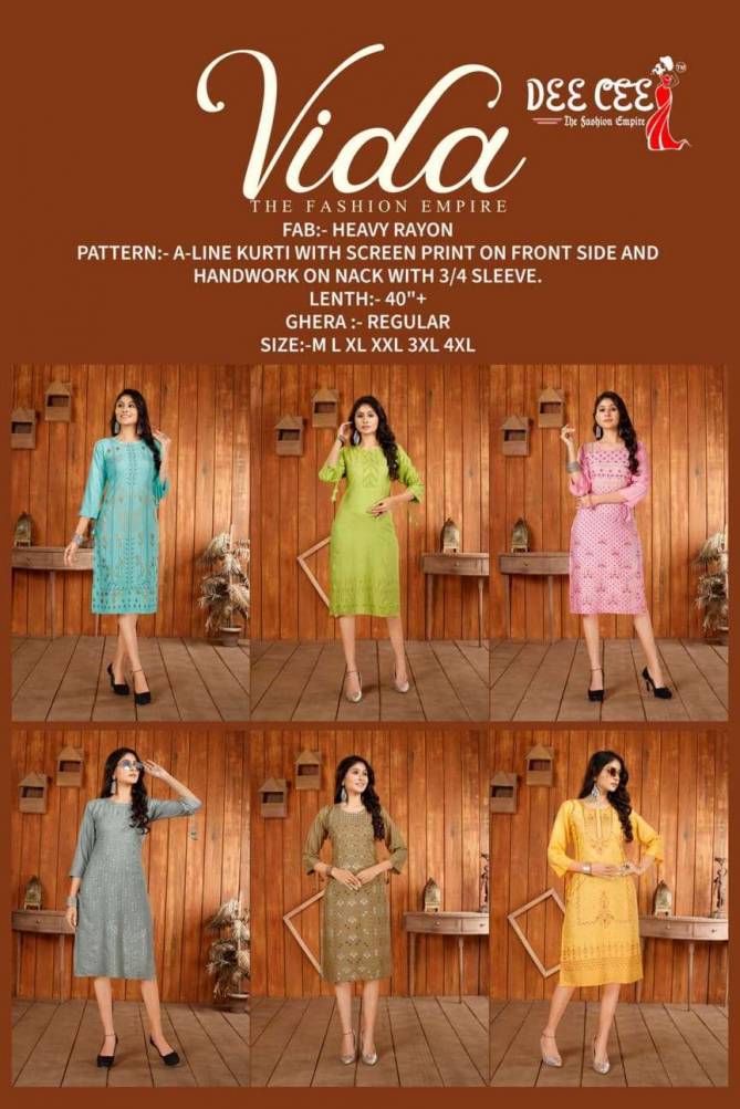 Vida Deecee 1001-1006 Series Latest Heavy Rayon Designer Trendy Casual Wear Kurti Wholesaler india
