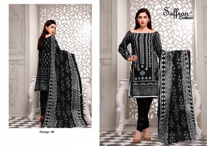 Saffron Latest Fancy Designer Casual Wear Black And White Printed Cotton Dress Material Collection
