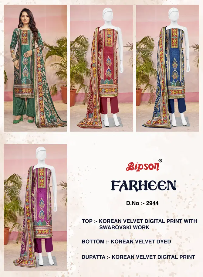 Farheen 2944 By Bipson Korean Velvet Printed Dress Material Wholesale Shop In Surat