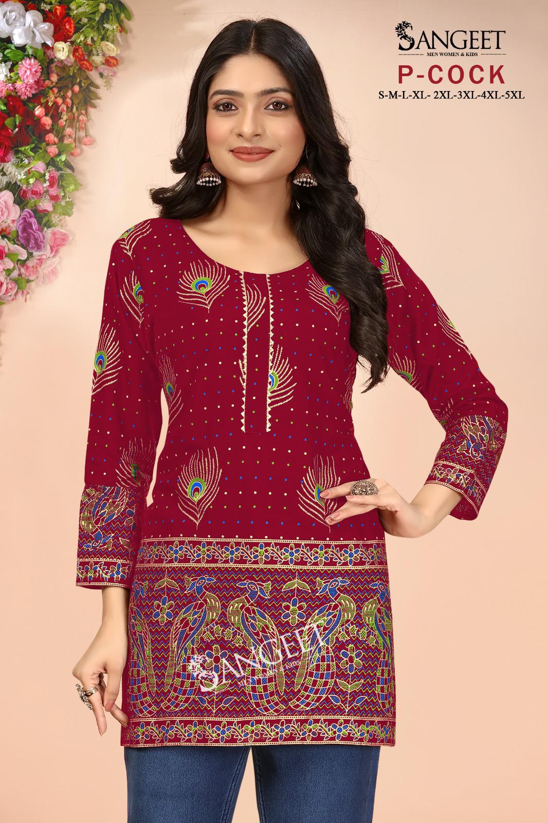 P Cock By Sangeet Rayon Gold Multi Printed Ladies Top Orders In India