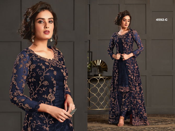 Super Hit 4592 Colors Wedding Wear Heavy Butterfly Net with Embroidery and Codding With Glitter Sequences Top Koti With Full Work Bottom Salwar Suits Collection