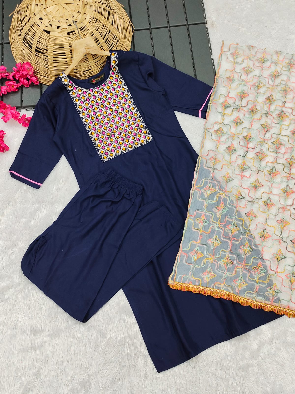 Shamal Viscose Reyon Embroidery Kurti With Bottom Dupatta Wholesale Shop In Surat