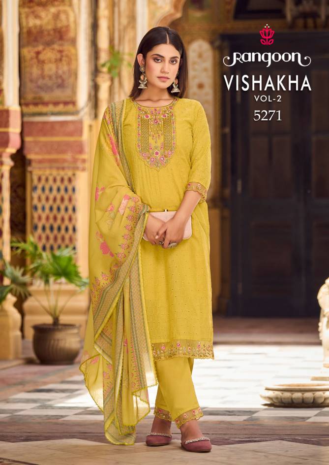 Vishakha Vol 2 By Rangoon Embroidery Work Pure Cotton Sifli Readymade Suits Exporters In India