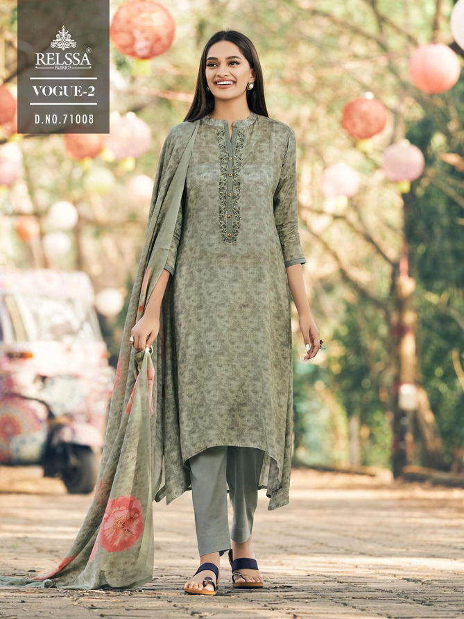 RELSSA VOGUE VOL-2 Designer Festive Wear Pure Maslin Cotton Fancy Embroidery Work With Digital Print top Dupatta And Bottom collection