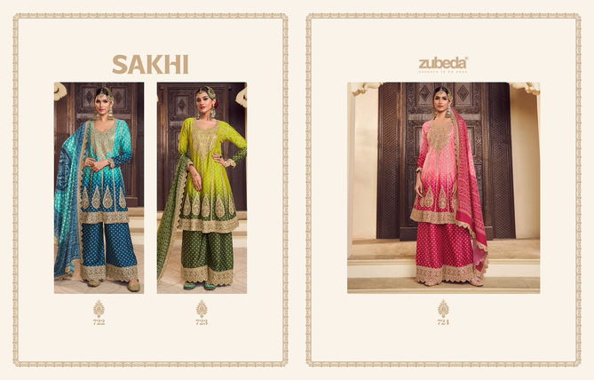 Sakhi By Zubeda Chinon Silk Printed  Readymade Suits Suppliers In India