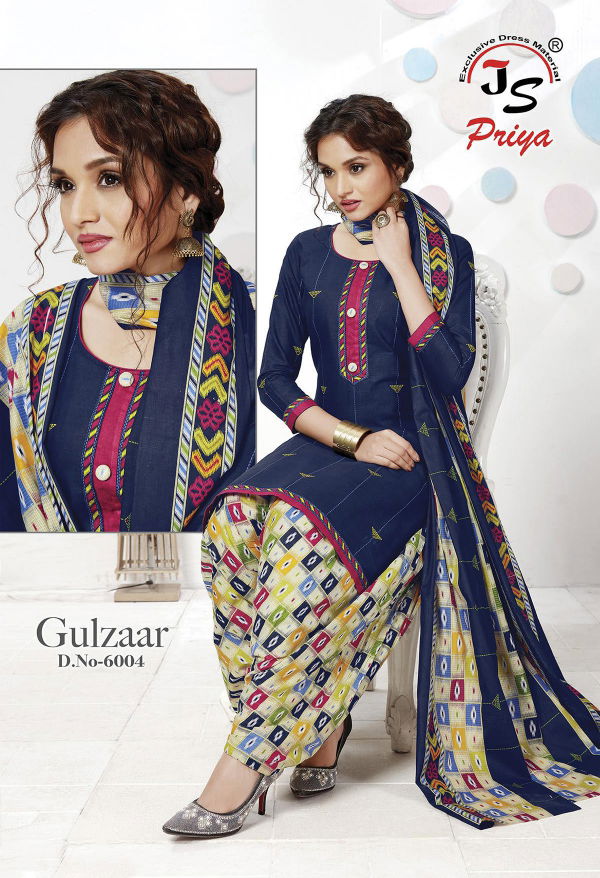 Js Priya Gulzar 6 Fancy Regular Wear Pure Cotton Designer Dress Material Collection
