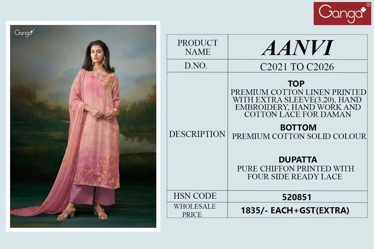 Aanvi by Ganga Cotton Linen Printed Embroidered Salwar Suit Orders In India