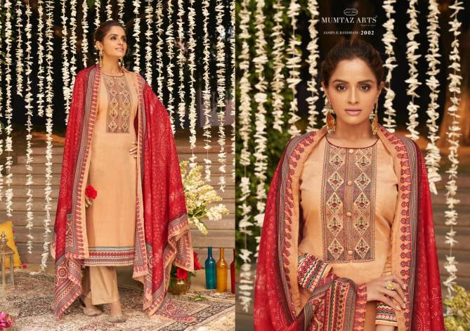 Mumtaz Jash E Bandhani Latest Designer Fancy Wedding Wear Pure Jam Satin Digital Print Heavy Neck Embroidery Work Dress Material Collection
