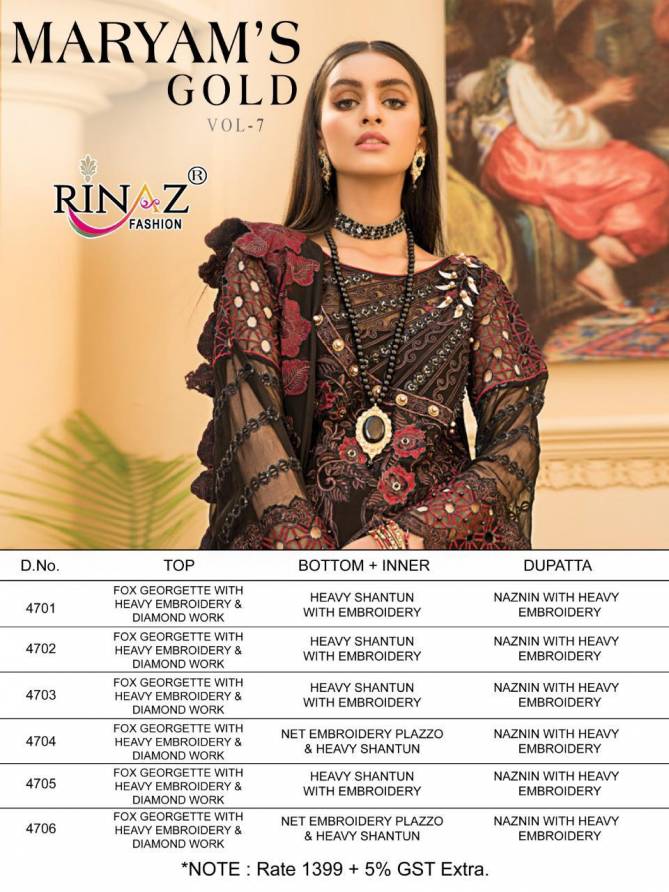 Rinaz Maryam Gold 7 Designer Fancy Festive Wear Fox georgette with Heavy Embroidery And Diamond Work Pakistani Salwar Suits Collection
