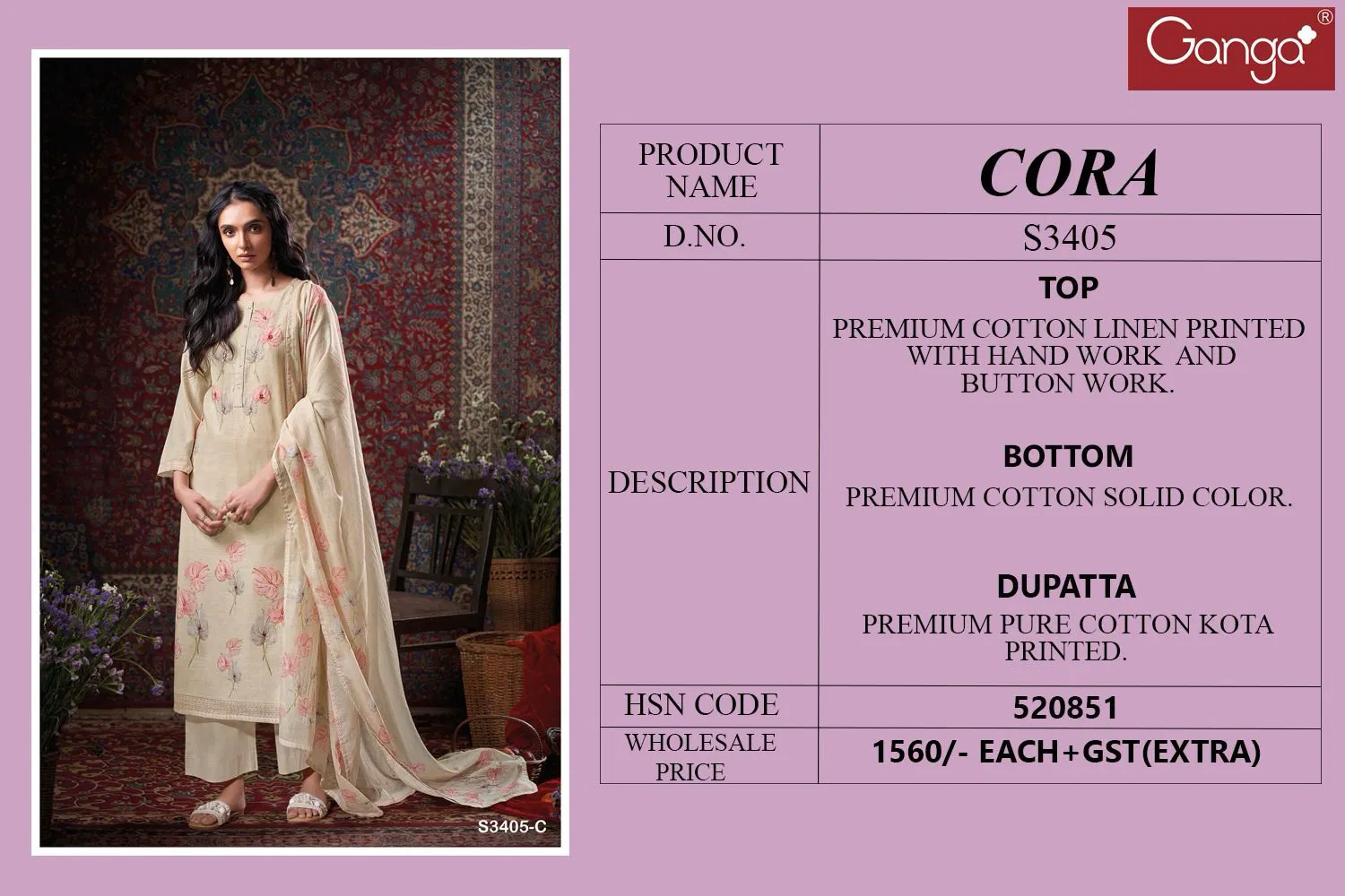 Cora 3405 by Ganga Cotton Linen Printed Salwar Suit Suppliers In India