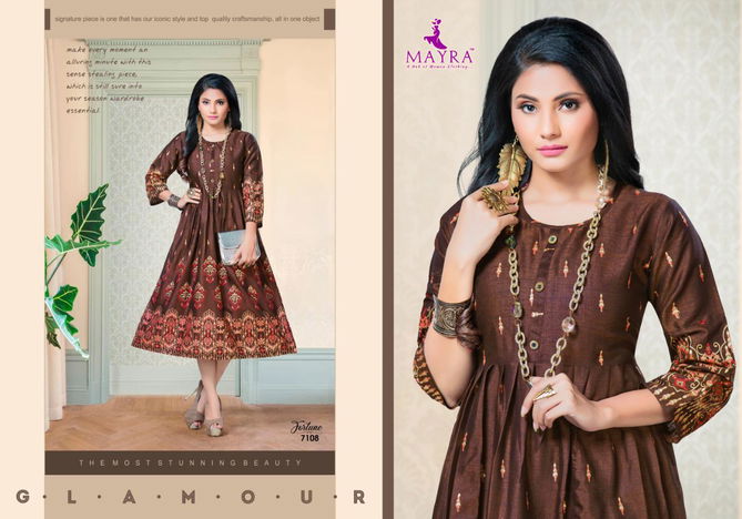 Mayra Fortune Latest Designer Fancy Flair Style Casual Wear Rayon printed Kurtis Collection
