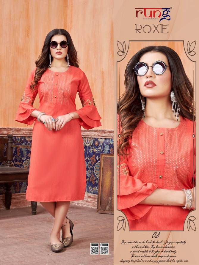 RUNG ROXIE Heavy Luxuriya Rayon With Manual Embroidery With Sequence Work Fancy Kurtis Collection