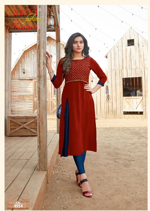 Aarvi Manya 24 Latest Fancy Designer Ethnic Wear Luxury Pure Rayon Cotton Kurtis Collection
