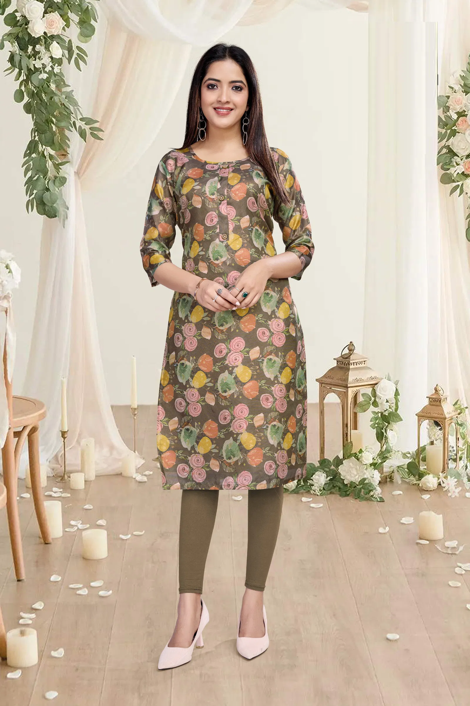 Shelly A line Printed Premuim Tissue Simmer Kurti Suppliers In India