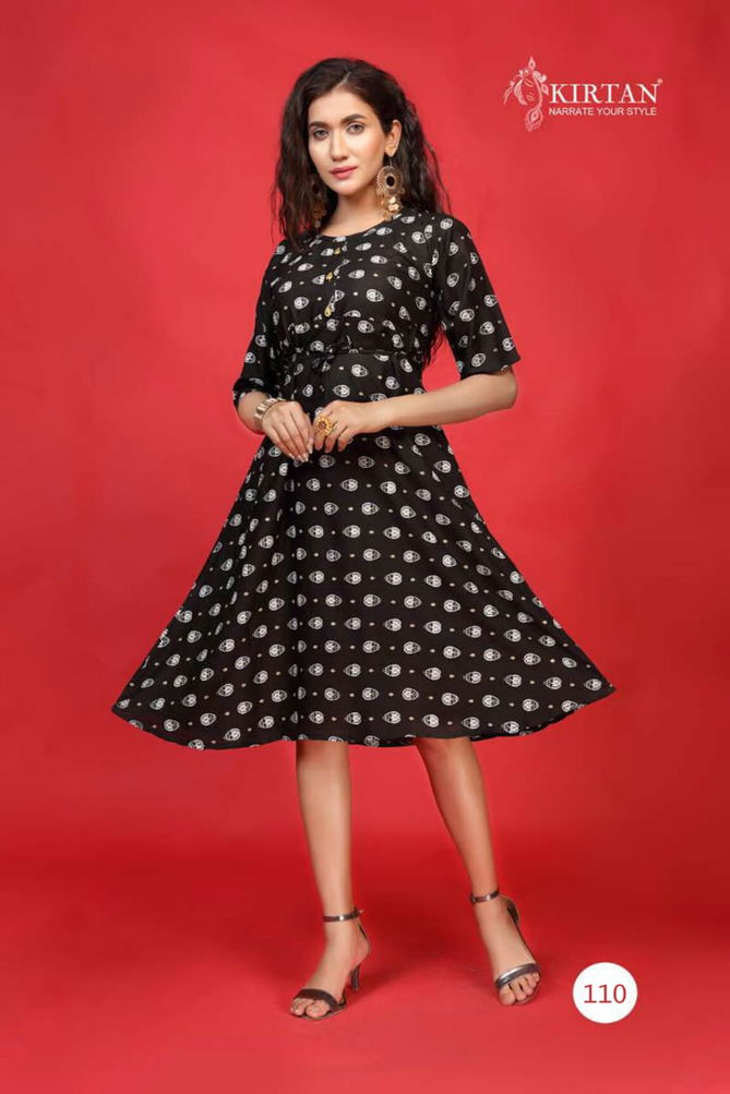 Kirtan Kanika Fancy Designer Casual Wear Rayon Printed Anarkali Kurtis Collection
