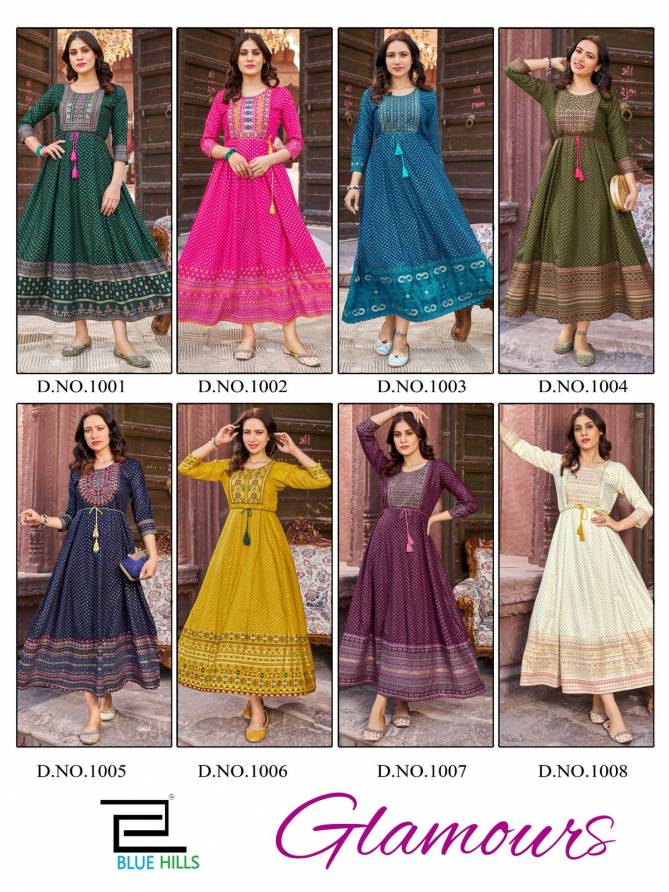 Glamours By Blue Hills 1001 To 1008 Printed Long Anarkali Kurtis Wholesaler In Delhi