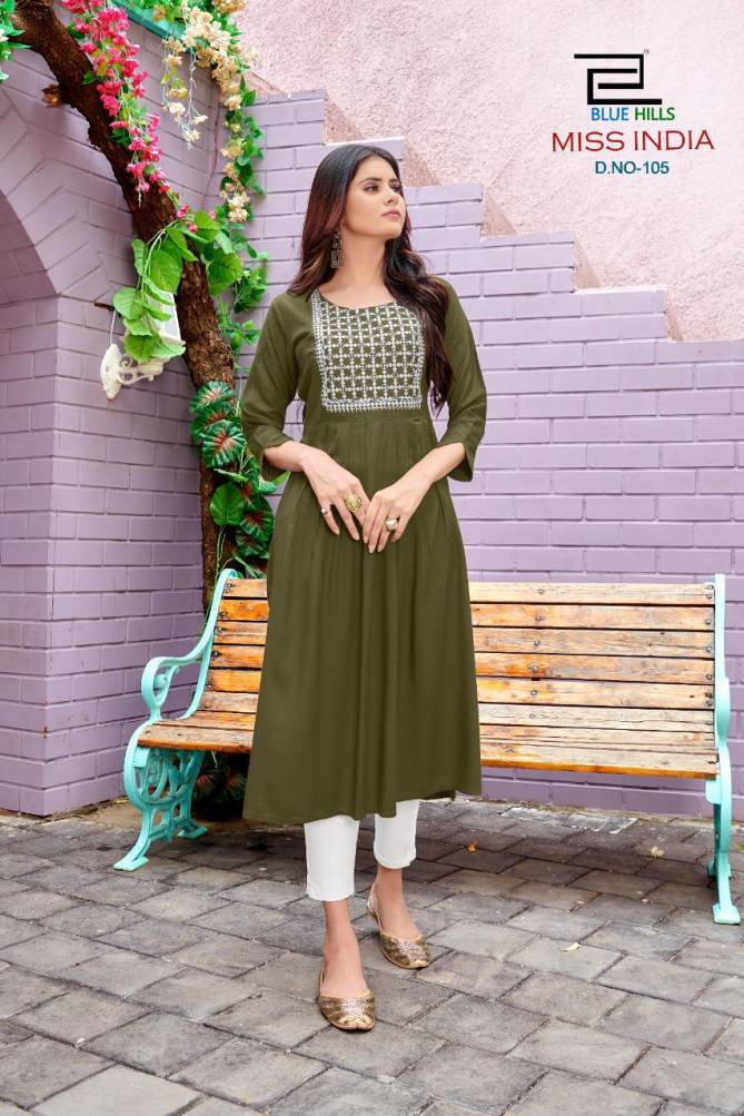 Blue Hills Miss India 1 Long Party wear Rayon Neck Work Kurti Collection