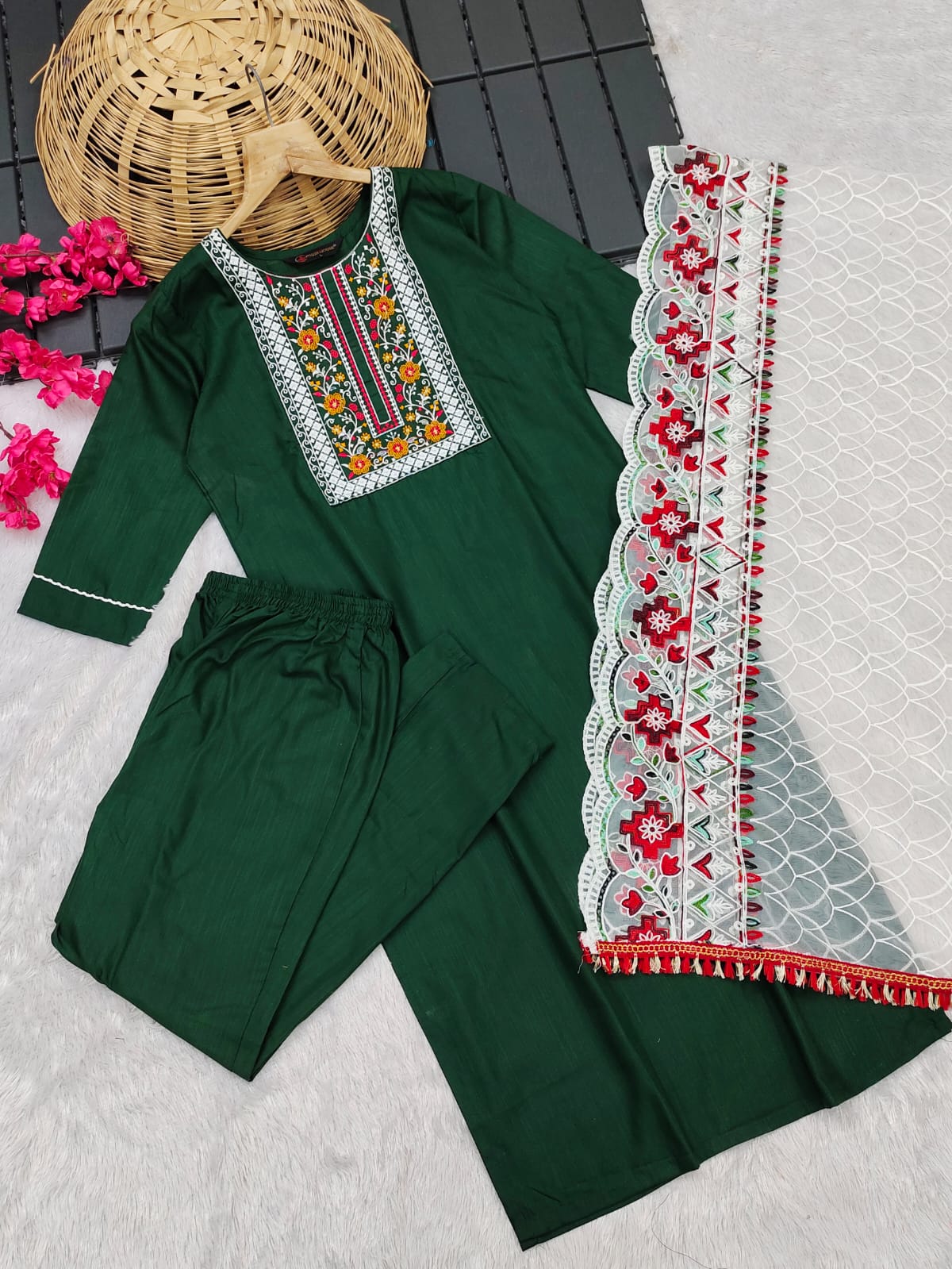 Shamal Viscose Reyon Embroidery Kurti With Bottom Dupatta Wholesale Shop In Surat