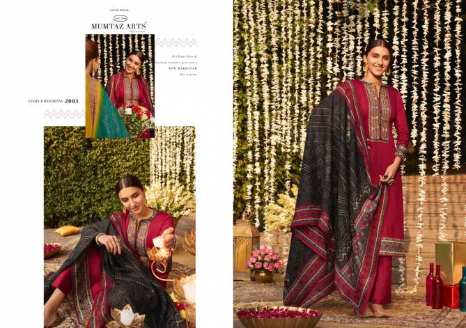Mumtaz Jash E Bandhani Latest Designer Fancy Wedding Wear Pure Jam Satin Digital Print Heavy Neck Embroidery Work Dress Material Collection
