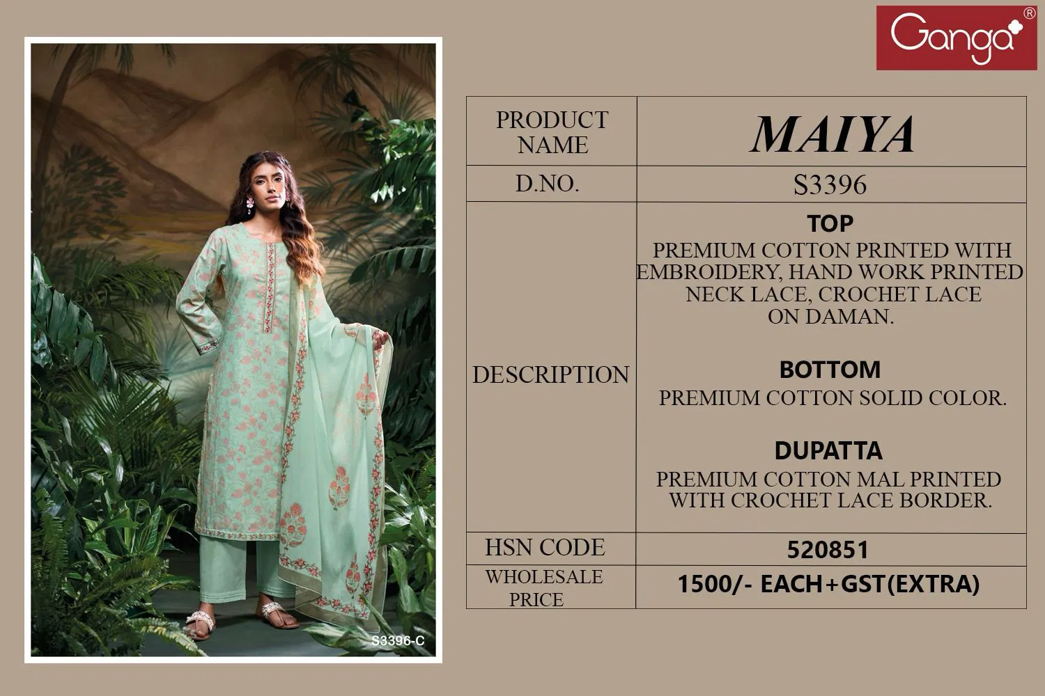 Maiya 3396 by Ganga Cotton Printed Embroidered Salwar Suit Wholesale Online