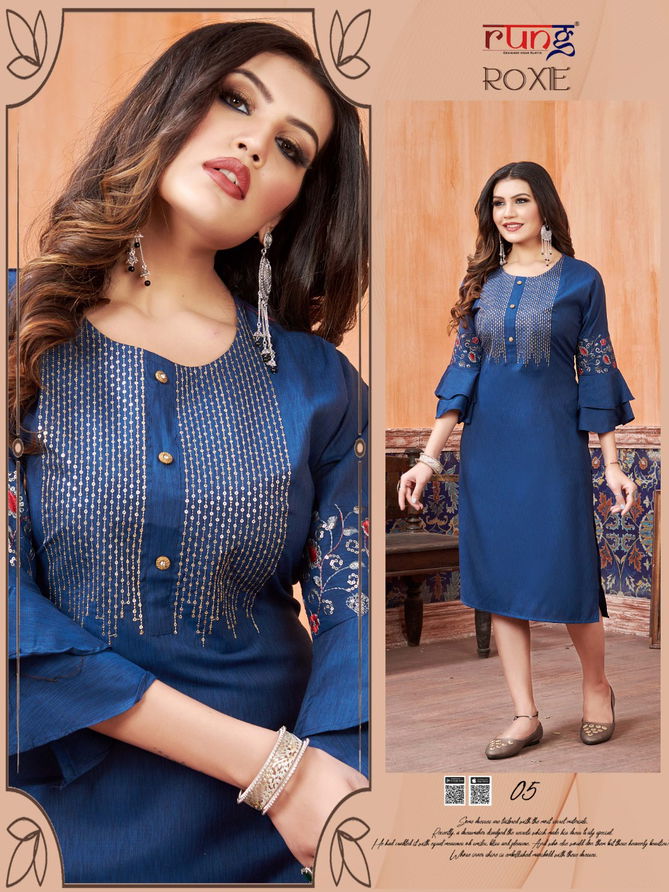 RUNG ROXIE Heavy Luxuriya Rayon With Manual Embroidery With Sequence Work Fancy Kurtis Collection