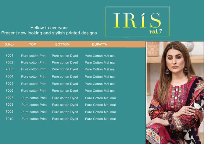 Iris 7 Printed Pure Cotton top With Mal Mal Dupatta Karachi Dress Material Collection
