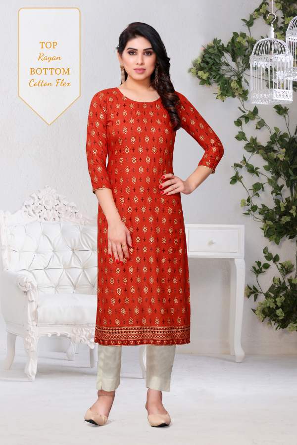Decent 1 Casual Wear Designer Printed Traditional Festival Wear Rayon Kurti With Cotton Flex Bottom Collection