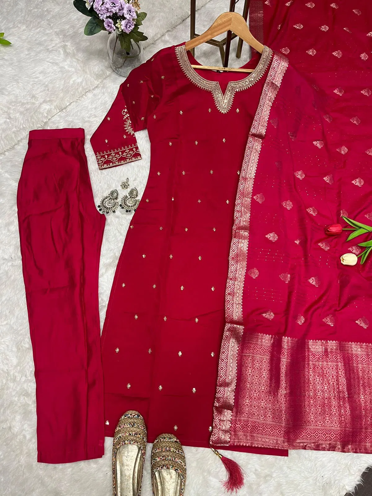 Red Colour KF Kalaai 1012 Chanderi Embroidery Kurti With Bottom Dupatta 