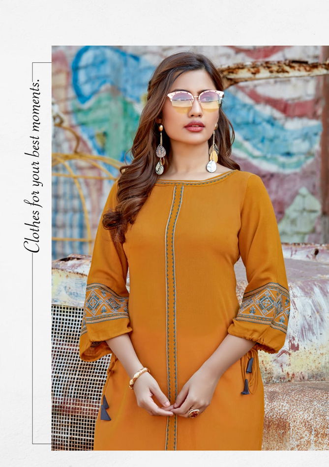 Wooglee Kesar Staright Fancy Festive Wear Heavy rayon Embroidery Work Kurti With Bottom Collection
