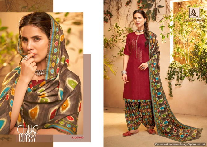 Alok Shan E Punjab Latest Designer Printed WIth Embroidery Work Dress Material With Pure Pashmina Shawl Print Dupatta With Four Side Lace Dupatta 