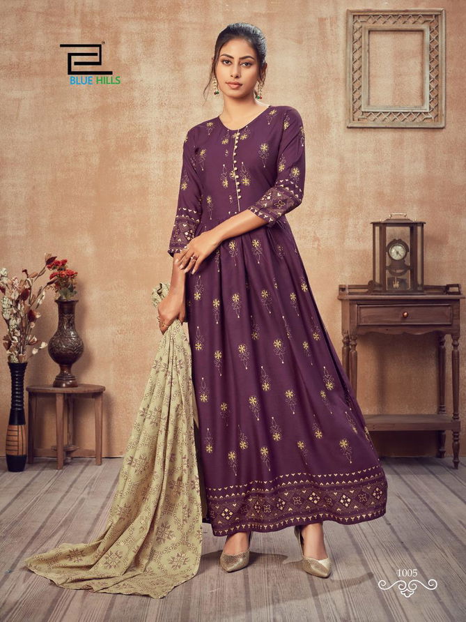 Blue Hills Soul Mate 1 Latest Fancy Festive Wear classic gold print Rayon Designer Kurtis With Dupatta Collection
